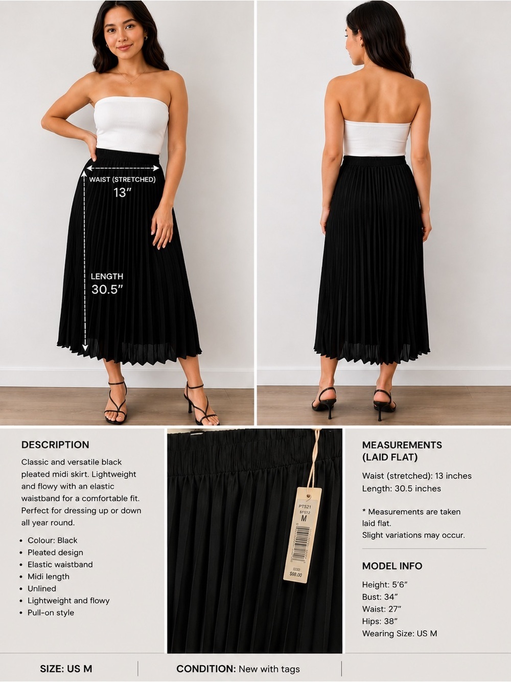 Max Studio Classic Black Pleated Midi Skirt -